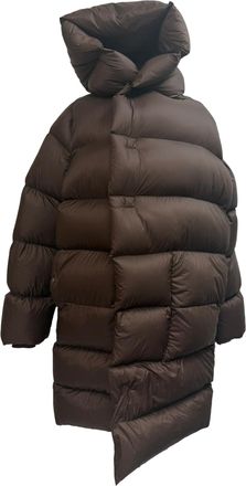 Rick Owens Hooded Quilted Shell Down Coat in Brown Polyamide