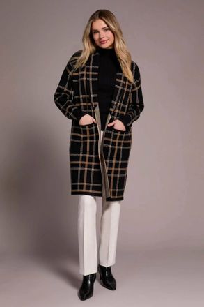 Tribal Double Knit Long Plaid Coatigan In Black
