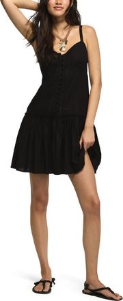 Lucky Brand Embroidered Ruffle Hem Sleeveless Linen Blend Minidress in Caviar at Nordstrom, Size X-Large