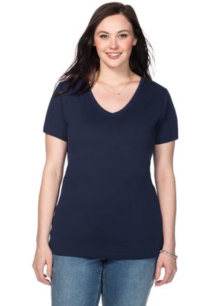 Sheego T-Shirt SHEEGO T-Shirt, Damen, Gr. 40/42, blau (marine), 100% Baumwolle, unifarben, V-Ausschnitt, Shirts T-Shirt