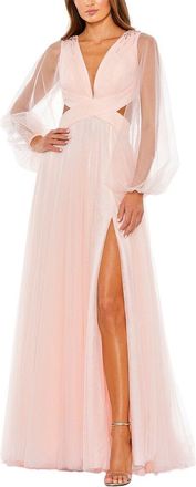 Mac Duggal Tulle Puff Sleeve Cut Out Lace Up A-Line Gown