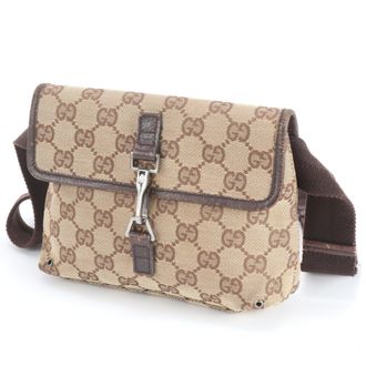 Gucci Brown Leather Canvas Pouch Sling Bag (Pre-Owned)