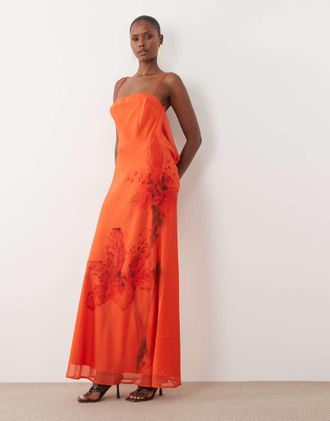 Asos vestito a colonna taglio sbieco con schiena ad anello e bordi a contrasto con stampa arancione
