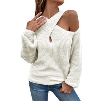 Generic Womens Sweatshirts UK Womens Sweater 2023 Autumn Solid Color Off Shoulder Halter Neck Balloon Sleeve Knitted Sweater for Women Asymmetric Jumpers for 