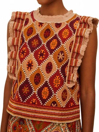 Farm Rio Ruffles Crochet Vest In Multi Caramel
