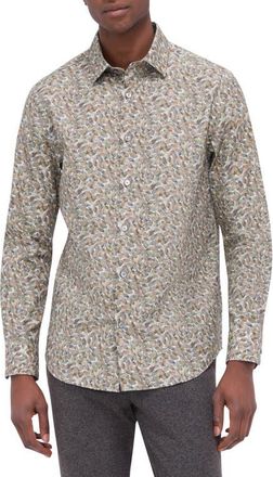 Bugatchi Julian Shaped Fit Linen Blend Button-Up Shirt in Khaki at Nordstrom, Size Xxx-Large
