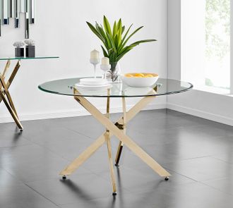 Furniturebox Novara 120cm Round 6-Seater Glass & Metal Starburst Dining Table in Gold