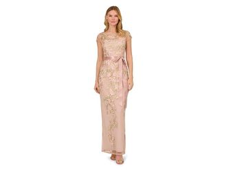 Adrianna Papell Cascading Floral Embroidered Long Column Gown Womens Dress Blush/Nude : 14, Polyester