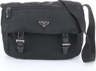 Prada Black Leather Nylon Messenger Bag Shoulder Bag (Pre-Owned)