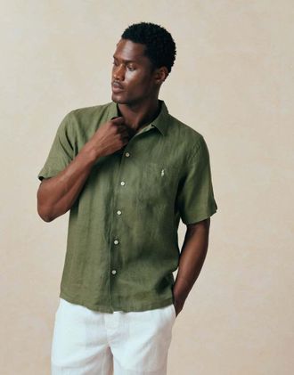 Polo Ralph Lauren Camicia a maniche corte in lino verde bosco con logo iconico