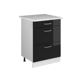 Vicco Mueble Bajo De Cocina R-line, Negro Brillo Intenso, 60 Cm Con Cajones Y Encimera