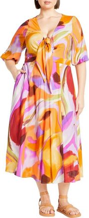 City Chic Swirl Print Tie Front Midi Dress in Summer Swirl at Nordstrom Rack, Size Xxl/24W