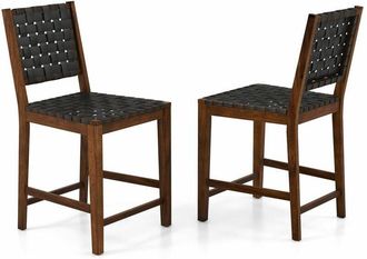 Costway Set of 2 Bar Stools Woven Counter Height Chairs w/ Faux PU Leather Straps 24