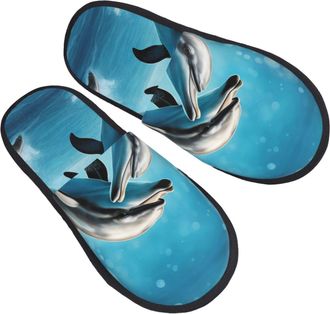 Generic Fluffy Mens Slipper Dolphin in Love print Cotton Slipper Breathable Hotel Slippers for Indoor Family Travel L