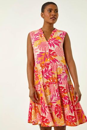 Roman Leaf Print Button Smock Dress