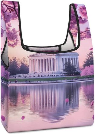 Generic Washington Jefferson Memorial Cherry Flowers Shopping Bag Reusable Grocery Tote Bag Foldable Handbag for Travel Picnic