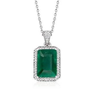 Ross-Simons Emerald and. Diamond Pendant Necklace in Sterling Silver