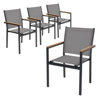 ML Design Ml-design Juego 4x Sillas De Jard&iacute;n Gris Oscuro Asiento De Textilene Para Terraza, Aspecto Madera Y Estructura De Aluminio Con Reposabrazos Y Respaldo