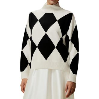LilySilk Argyle Preppy Wool Sweater in Black&white Diamond at Nordstrom, Size Large
