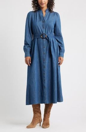 Caslon Belted Ruffle Long Sleeve Denim Shirtdress in Dark Wash at Nordstrom Rack, Size X-Small