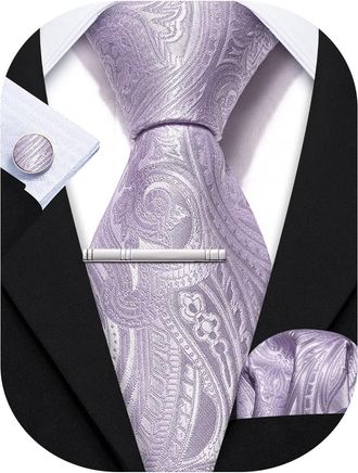 Barry.Wang Mens Ties Silk 4PC Solid Color Paisley Formal Satin Necktie Pocket Square Party Classic Wedding Anniversaries Gift Box