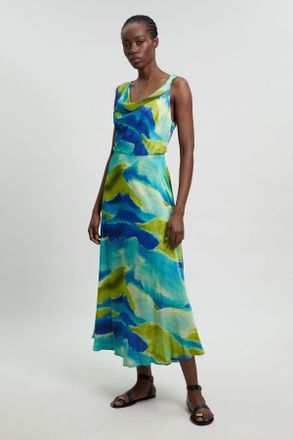 Karen Millen Womens Aqua Abstract Twist Shoulder Satin Viscose Midi Dress - Multicolour - Size 16 UK