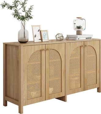 STILVORA Aparador De Almacenaje Con 4 Puertas De Rat&aacute;n Sint&eacute;tico Y Estante Ajustable, En Mdf, Natural Para Sal&oacute;n