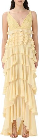 Elisabetta Franchi Elegante Zwarte Maxi-jurk met Ruches - Dames - Avondkleed - Geel - S - Chiffon - Kleedjes
