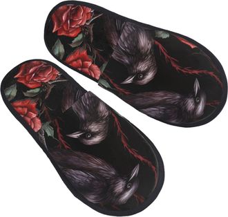 Generic Warm Slipper Halloween Red Flower, Black Crow Home Slipper Unisex Scuff Slippers Comfortable House Shoes For Travel Bedroom Party L