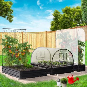 IDMarket Kit Completo De 3 Cubetas Met&aacute;licas Modulares Para Huerto E Invernadero De Tomates + Enrejado + Cubierta
