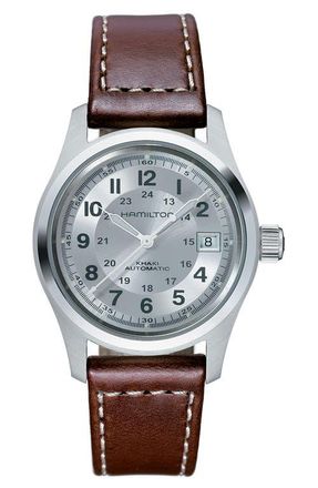 Hamilton Khaki Field Automatic Leather Strap Watch, 38mm in Brown/Silver at Nordstrom