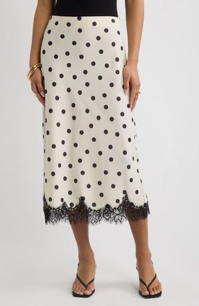 Open Edit Lace Trim Satin Midi Skirt in Ivory Black Dottie Dots at Nordstrom, Size Xx-Small