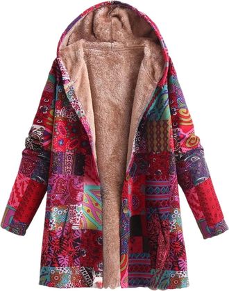Generic Chunky Cardigans For Women Uk Patchwork Print Fleece Lined Jacket Thermal Lounge Wear Hooded Coat Boho Style Long Sleeve Button Front Ladies Long Card