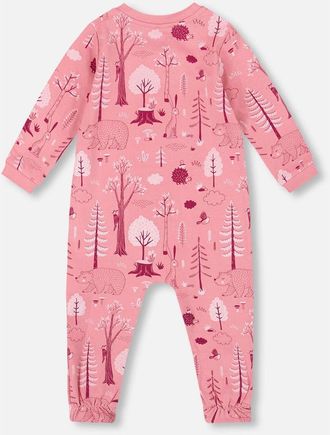 Deux par Deux One-Piece Organic Cotton Pajama in Pink Forest at Nordstrom, Size 12M