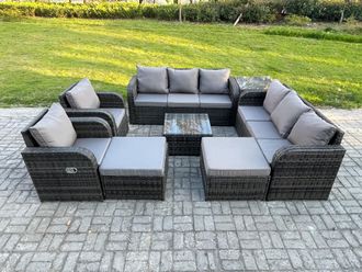 Fimous High Back Rattan Garden Furniture Set with Square Coffee Table 2 Big Footstool Side Table Indoor Outdoor Patio Lounge Sofa Set in Dark Grey