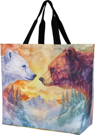 Generic Arctic Bear Brown Bears Trees Reusable Shopping Bags One Shoulder Grocery Tote Bag Waterproof Big Purse for Work Travel