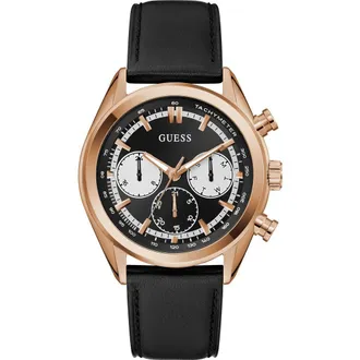 Guess Dawson Chronograph Leather Strap Watch, 44mm in Black at Nordstrom