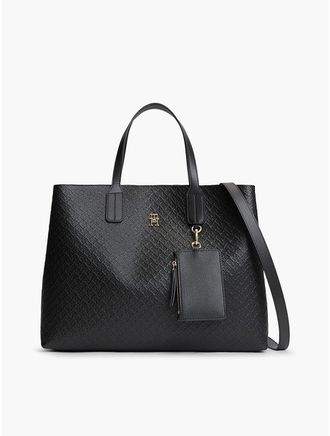 Tommy Hilfiger Womens Allover Debossed Monogram Satchel Bag - Black
