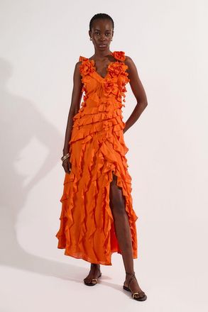 Karen Millen Womens Embellished Ruffle Strappy Woven Maxi Dress - Red Viscose - Size 12 UK