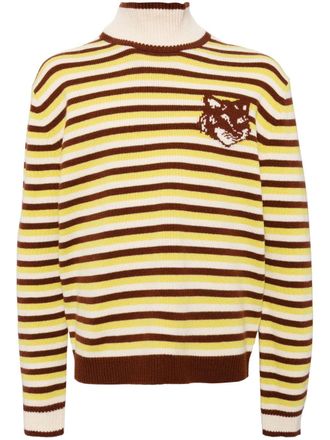 Maison Kitsun&eacute; Fox head intarsia striped jumper - men - Wool - L - Green