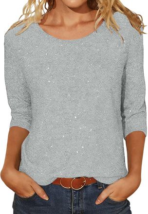 Generic Sparkly Tops for Women UK 3/4 Sleeve Shirts Trendy Casual T-Shirts Sparkle Sequin Tops Evening Party Clubbing Tshirt Plus Size Glitter Tees Loose Fit 