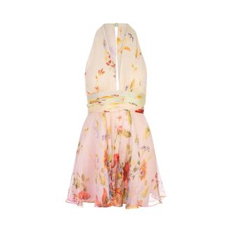 Roberto Cavalli Short Dresses, female, Multicolor, Size: S Chiffon Mini Dress with Miami Flowers Print