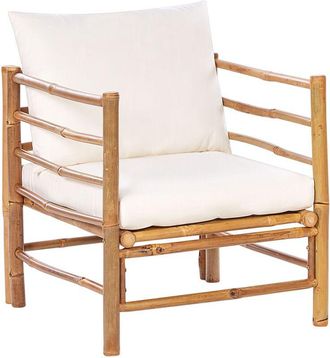 Beliani Sill&oacute;n De Jard&iacute;n De Madera Clara De Bamb&uacute; Muebles De Interior Exterior Acolchado Con Cojines Blanco Crema Cerreto