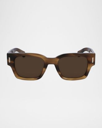 Ferragamo Men & apos;s Rivets Acetate Rectangle Sunglasses, 52mm
