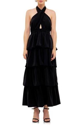 endless rose Halter Neck Tiered Maxi Dress in Black at Nordstrom Rack, Size X-Small