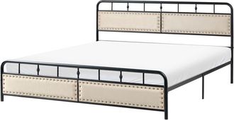 Beliani Metal Bed Black Iron Slatted Frame EU Super King Size 6ft Fabric Contemporary Traditional BREUILLET