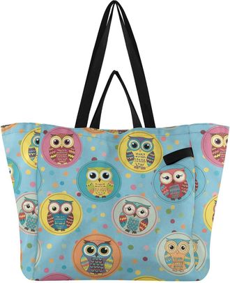 Generic Owl Blue Dots print Reusable Canvas Tote Bag, Heavy Duty Grocery Shopping Bag with Double Handles Large Capacity Hard Bottom Work Groceries Travel