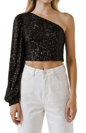endless rose Sequined One-Shoulder Crop Top in Black at Nordstrom, Size Small