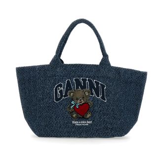 Ganni Tote Bags, female, Blue, Size: ONE SIZE Medium Trapeze Shopper Bear Denim