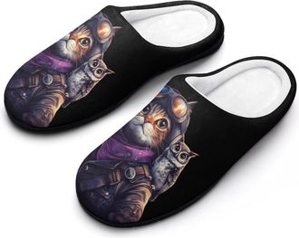 Generic Cat And Owl Mens House Slippers Memory Foam Washable Cotton Slip on Home Shoes